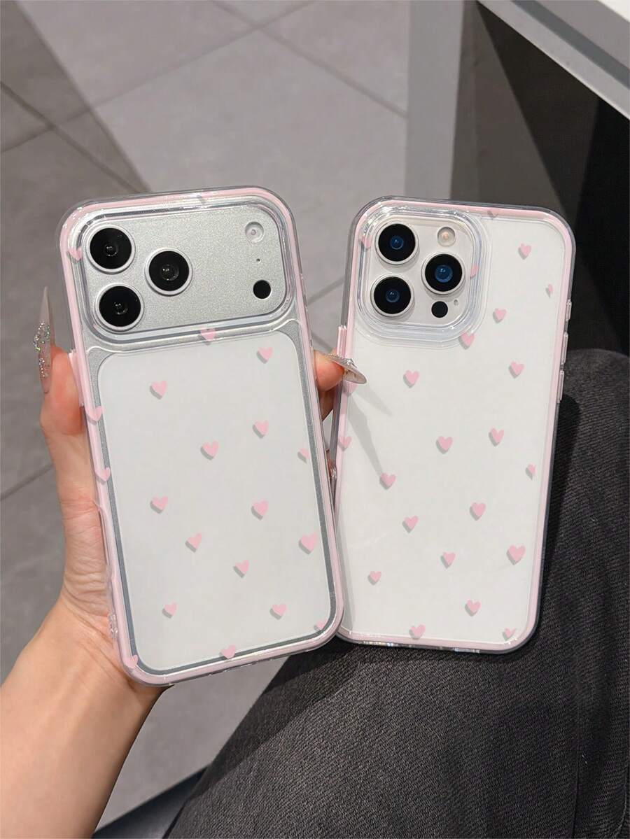 1pc Minimalist Transparent Back Pink Frame 2-In-1 Dopamine Shock-Proof Anti-Fall TPU Phone Case With Cute Pink Heart UV Print - Pink - View 1
