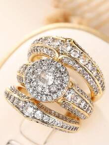 3pcs Set Luxurious Cubic Zirconia Stone Rings, Suitable For Women Wear, Ideal For Wedding, Engagement, Anniversary Party, Valentine's Day Gift - 1# - View 3
