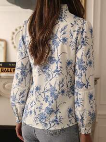 ii Elegant Floral Print V-Neck Puff Sleeve Button Detail Casual Top, Suitable For Spring & Autumn - Blue - View 5