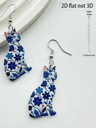 Khuyên tai hình mèo con phong cách Bohemian Retro 2D phẳng dành cho nữ - Trang sức hình mèo hoa xanh 2D phẳng, phù hợp cho đám cưới, tiệc tùng và đeo hàng ngày | Khuyên tai hình mèo con dễ thương bằng acrylic nhẹ, quà tặng cho người yêu mèo, 2D phẳng