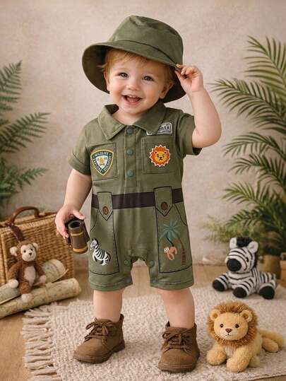 H HIBOBI Bộ 2 món cho bé trai gồm áo liền quần tay ngắn màu xanh quân đội và mũ tai bèo, họa tiết động vật, thích hợp cho chụp ảnh ngoài trời mùa hè, dành cho bé từ 1-18 tháng.