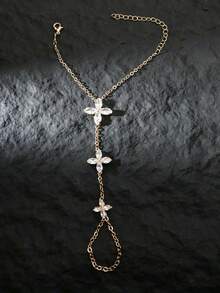 1pc New Flower Linked Finger Chain Bracelet, Versatile High-End Rhinestone Hand Chain Jewelry For Women - Silver - View 4