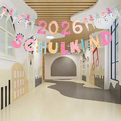 1 Set 2026 Deutscher Schüler Dinosaurier Flagge Deko, Makaron Farbe Bonbon Eismuster DIY Vorhang, geeignet für 2026 Einschulungsfeier, 1. Klasse Einschulung Party und Klassenzimmer Dekoration