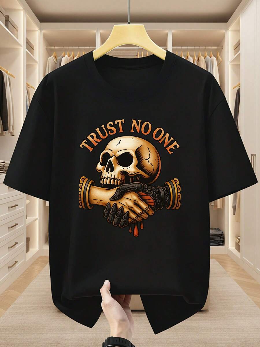 Camiseta de manga corta para hombre de talla grande, 100% algodón, con diseño gráfico de calavera y apretón de manos, que muestra individualidad con un diseño único y moderno.Camiseta cómoda y casual de manga corta para el verano, TALLA GRANDE - Negro - Ver 1