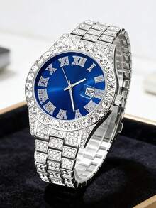 4pcs/Set Fashion Business Casual Men's Watch Set, Large Dial Round Steel Band Quartz Watch, Includes Personalized Chain Bracelet, Cross Pendant Necklace, Ring Accessory Combo, Suitable For Men's Gift, Applicable For Holiday, Business, Party And Daily Wear - Silver - View 3