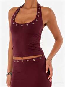 Women's O-Ring Studded Y2k Halter Neck Crop Tank Tops Slim Fit Scoop Neck Rivet Metal Eyelet Backless Sleeveless Vest Summer Y2K Streetwear Gothic Punk Clothes Rave Costumes Party Clubwear - 酒紅色 - 查看 6
