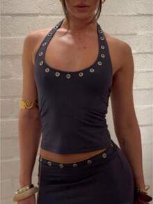 Women's O-Ring Studded Y2k Halter Neck Crop Tank Tops Slim Fit Scoop Neck Rivet Metal Eyelet Backless Sleeveless Vest Summer Y2K Streetwear Gothic Punk Clothes Rave Costumes Party Clubwear - 灰 - 查看 1