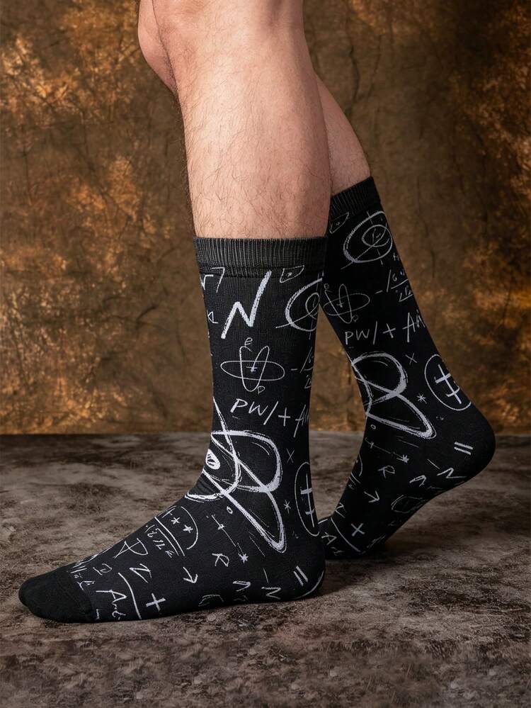 1/3 Pairs Science Knowledge Doodle Pattern Mid-Calf Socks, Men's Mid-Calf Socks, Creative & For Summer - Multicolor - View 3