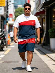 2 Stücke/Set Herren Große Größen Locker sitzende Farbverlauf Rot Weiß Blau Kurzarm T-Shirt und Shorts Set, Sommer Farbblock Muster Lässig Große Größen T-Shirt und Shorts Outfit, vielseitig für täglichen Gebrauch, Streetwear und Training, unverzichtbares Sommer Outfit für Große und Herren - Verschiedenfarbig - Übersicht 2