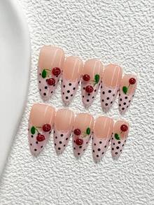 10Pcs Sweet Cherry Style Handmade Nail Art Set,Unghie Press On,Cherries, Patterns, Polka Dots,Pink, Black And Red Nail Polish,Includes Nail Tools,3 Sizes Available,Almond Nails , Duck Nails,Coffin Nails For Party, Dance, Daily Wear - 彩色 - 查看 17