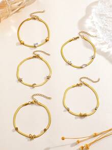 1件简约时尚夸张奢华不锈钢多元素花朵、星星、月亮、蝴蝶、心形镶嵌立方氧化锆蛇骨链手链，适合女士日常休闲佩戴，精致优雅百搭 - 彩色 - 查看 3
