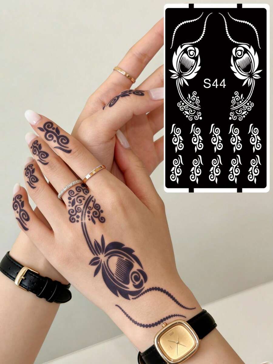 Hana Hand-Drawn Hollow Floral Tattoo Stencil - Sexy Floral Pattern, Suitable For Hands, DIY Painting, Ink, Reusable Mandala Design Template Stickers, Suitable For Women Body Party Makeup - Black - View 1