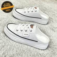 2026 New Women's Canvas Mules Slip-On Platform Sneakers Black White Casual Closed Toe Slides - 白色 - 查看 4