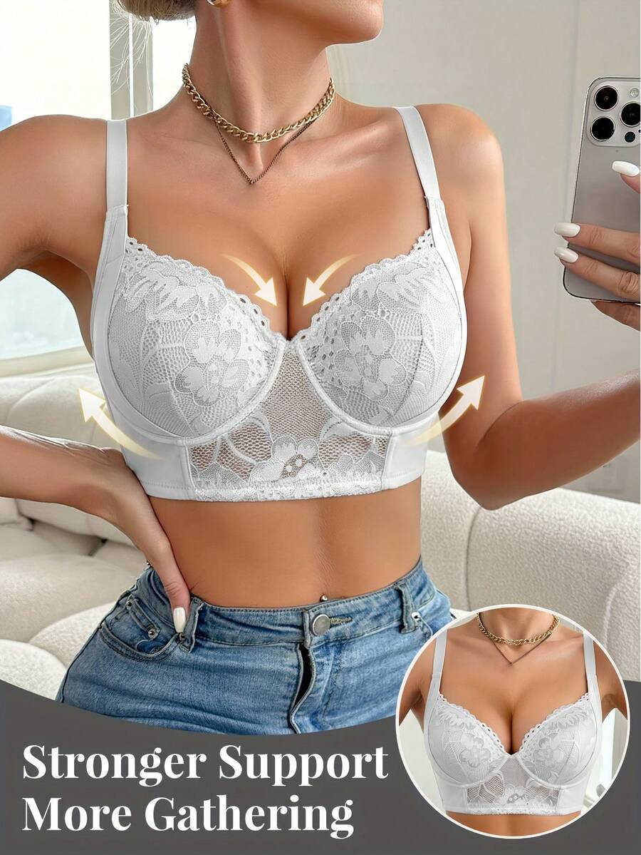 Women'S Uhderwire Push-Up Bra Setwith Lace Trim TElegant Solid Color Bra, Non-Removable Pads, Comfortable Everyday &Special Occasion Wear, High Support/Elegant Bra Set | Underwire Support - 白色 - 查看 1