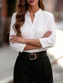 Elegant Stand Collar White Office Shirt For Women | Business Casual Women Blouse - White - View 5