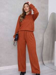 Women's Lanzinha Set With Hood And Pocket, Wide Leg Pants, Casual, Comfortable, Winter Fashion - Camel - Ver 2