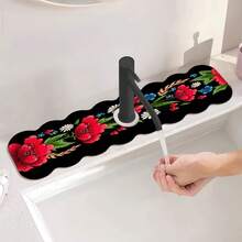 1pc Black Background Embroidery-Style Floral Asymmetric Pattern Faucet Mat, Dish Drying Mat, Absorbent Mat, Suitable For Home Sink, Kitchen, Decoration And Gifts - Black Background With Red Daisies, Imitation Embroidery - View 11