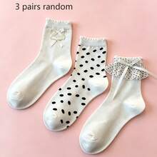 1 đôi/3 đôi tất nữ, tất trắng, có chấm bi đen hoặc họa tiết nơ, phù hợp cho mọi mùa, đa năng, phù hợp với phong cách ngọt ngào, cá tính, mặc hàng ngày và nhiều phong cách khác, là một lựa chọn quà tặng tuyệt vời. - Nhiều màu - Xem 8