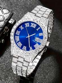 4pcs/Set Fashion Business Casual Men's Watch Set, Large Dial Round Steel Band Quartz Watch, Includes Personalized Chain Bracelet, Cross Pendant Necklace, Ring Accessory Combo, Suitable For Men's Gift, Applicable For Holiday, Business, Party And Daily Wear - Silver - View 8