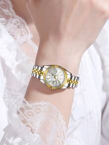 1件女士时尚休闲镶钻罗马数字表盘优雅石英手链腕表，不含表盒 - 彩色 - 查看 5