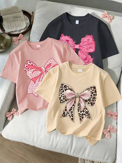 3pcs/Set Girls' Leopard Print & Bow Loose Y2K Style T-Shirt Set, Soft Comfortable Fabric, Casual Daily Wear For Summer