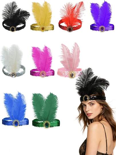 1 Pc Artificial Feather Sequined Headband, Carnival Feather Headpiece, 1920s Retro Style, Diy Party Costume Accessory, Colorful Feather Headband, Suitable For Birthday Parties, Horse Racing Days, Afternoon Tea, New Year's Eve, Concerts And Home Decor, Dance Weddings, Stage Performances, Carnival Costumes And Accessories, Party Supplies, Bachelor/Bachelorette Parties, Photography Props, Valentine's Day Carnivals.