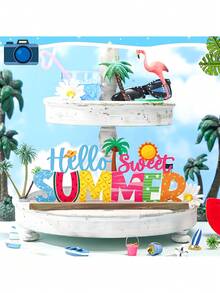 1 pieza Cartel de madera "Hola dulce verano" con base rústica - Decoración de bandeja escalonada vibrante, elementos con temática de verano coloridos (piña, sol, palmera), perfecto para centros de mesa del hogar y festividades, decoración de mesa festiva | Diseño alegre | Atractivo rústico, decoración de hogar de verano - Ver 1