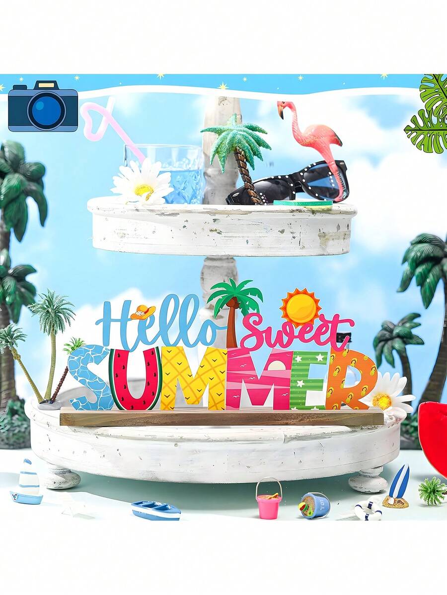 1 pieza Cartel de madera "Hola dulce verano" con base rústica - Decoración de bandeja escalonada vibrante, elementos con temática de verano coloridos (piña, sol, palmera), perfecto para centros de mesa del hogar y festividades, decoración de mesa festiva | Diseño alegre | Atractivo rústico, decoración de hogar de verano - Ver 1