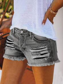 Fashionable Casual Vacation Style Washed Frayed Distressed Loose Denim Shorts For Women Summer - Light Grey - View 4