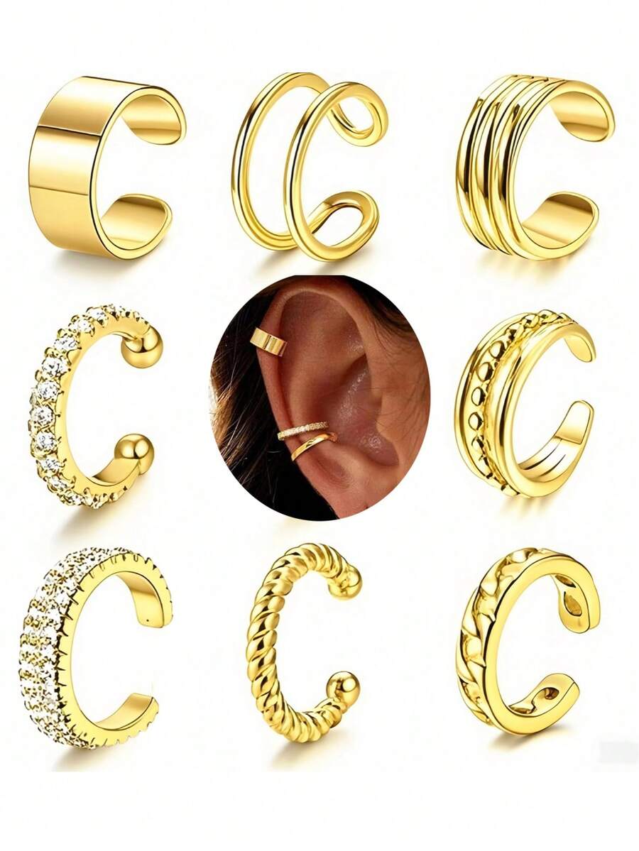 9pcs/Set Vintage Elegant European And American Fashion Bling Bling Rhinestone Inlaid Hollow Geometric Multi-Element Clip-On Earrings Set, Minimalist Personalized Y2K Chic Stackable Ear Cuff Unisex, Suitable For All Seasons, Beach, Party, Date, Daily Wear, Gift - Multicolor - View 1