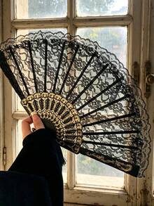 1pc Vintage French Style Lace Foldable Hand Fan, Portable Handheld Fan For Summer, Suitable For Dance - 金色 - 查看 1