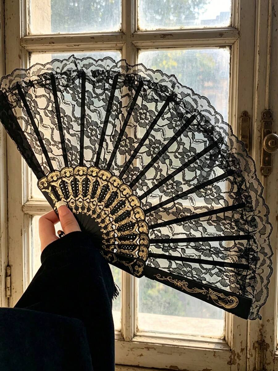 1pc Vintage French Style Lace Foldable Hand Fan, Portable Handheld Fan For Summer, Suitable For Dance - 金色 - 查看 1