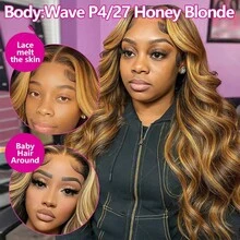 30英寸巧克力棕色13X4 13X6 5X5高密度HD波浪蕾丝前假发，200密度蕾丝前真人发假发，预先拔毛染色前额假发，#4/27蜂蜜金渐变挑染 - SP4/27 - 查看 7