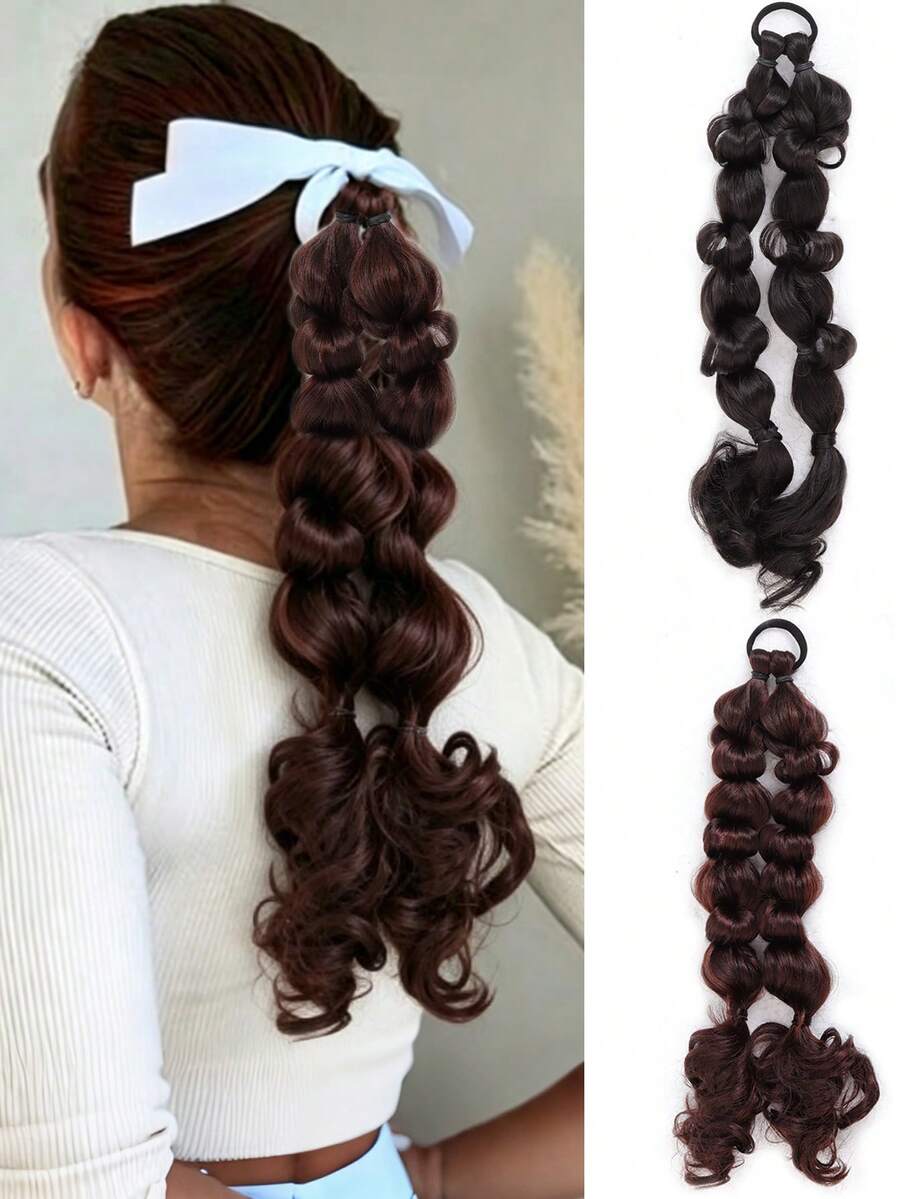 Synthetic French-Style Hand-Braided Bubble Braid Ponytail Synthetic Wig Long Braid Fluffy Wig Braid Suitable For Women's Daily Wear And Gatherings - Multicolor - View 1
