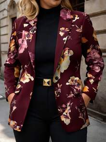 HOMEYEE Floral Print Long Sleeve Blazer Jacket With Pockets, Vintage Elegant Casual Suitable For All Seasons, Plus Size Vacation Red - 紅色 - 查看 5