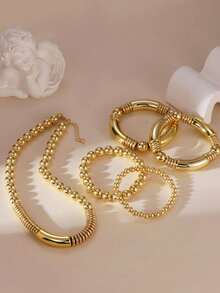5pcs Fashionable Gold Metal Beaded Necklace, Bracelet, Jewelry Set For Women, Suitable For Daily Wear - Multicolor - View 2
