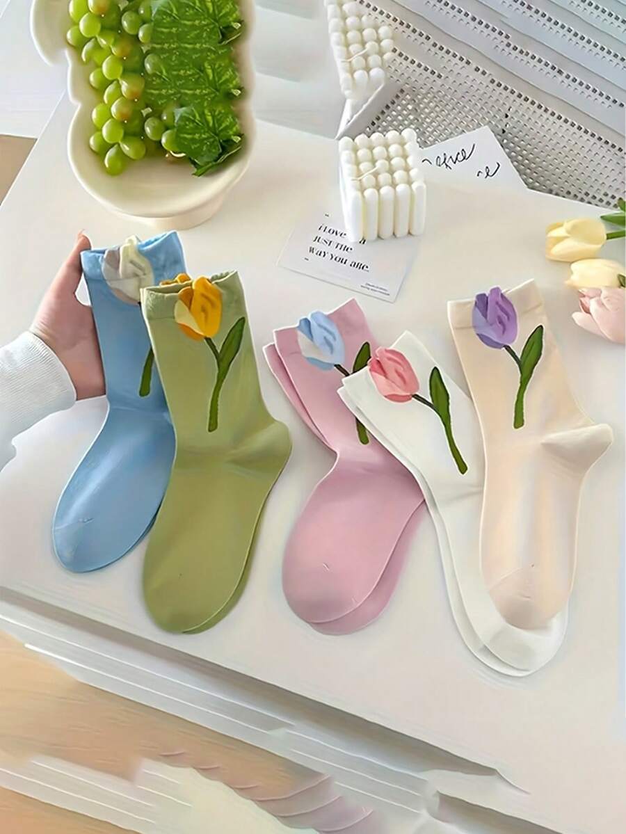 5 pares de calcetines de media caña de algodón peinado con estampado floral dulce para mujeres, suaves y cómodos, adecuados para todas las estaciones - Multicolor - Ver 1