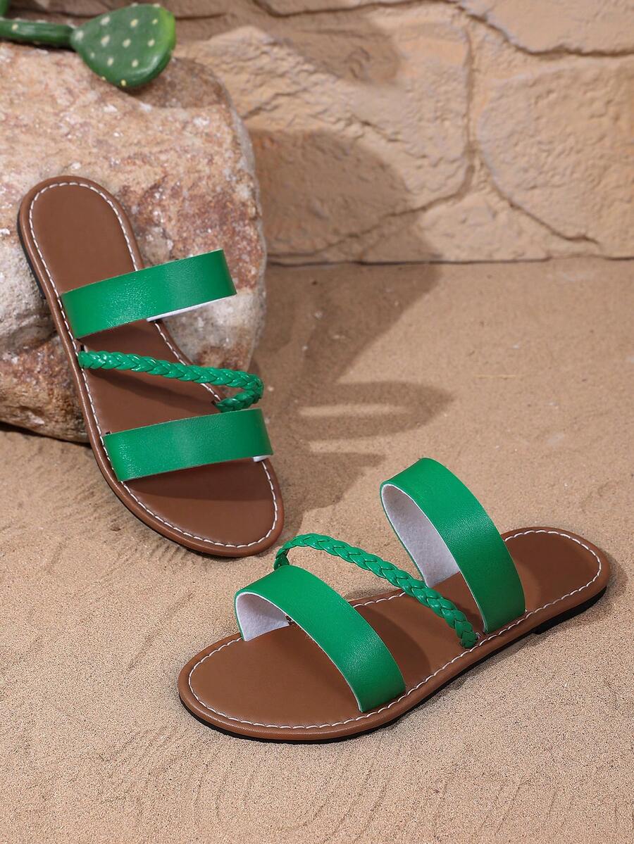 Women's Solid Color Fashion Slippers, Woven Lightweight Flat Sandals, Comfortable Beach Slippers