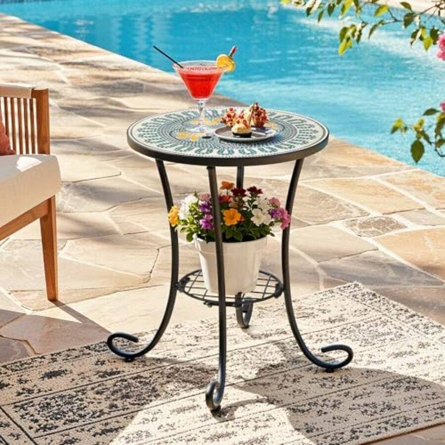 Mesa Auxiliar para Exteriores Mesa Redonda Decorativa de Mosaico de 22 Pulgadas H con Soporte para Maceta Mesa Auxiliar de Hierro Moderna Resistente a la Intemperie Mesa de Bar de Metal - 22 flores verdes retro - Ver 1