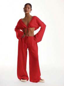 Pantalones de playa con efecto de lino con nudo delantero, elegantes para vacaciones de verano, casuales y bohemios, blancos, para aeropuerto y playa, para primavera y vacaciones - Rojo - Ver 3