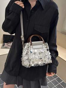 Bộ 2 túi xách đính sequin, túi đeo vai và đeo chéo thời trang cho tiệc tối. - Bạc - Xem 4
