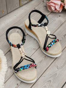 WRCVS Sandals, Woven Strap Sandals, Summer Platform Thick Bottom Sandals, Handmade Beaded Woven, Random Pattern, Lightweight Vacation Sandals, Bohemian Style Wedge Shoes, Outdoor Sandals,Beach Shoes - Black - View 8
