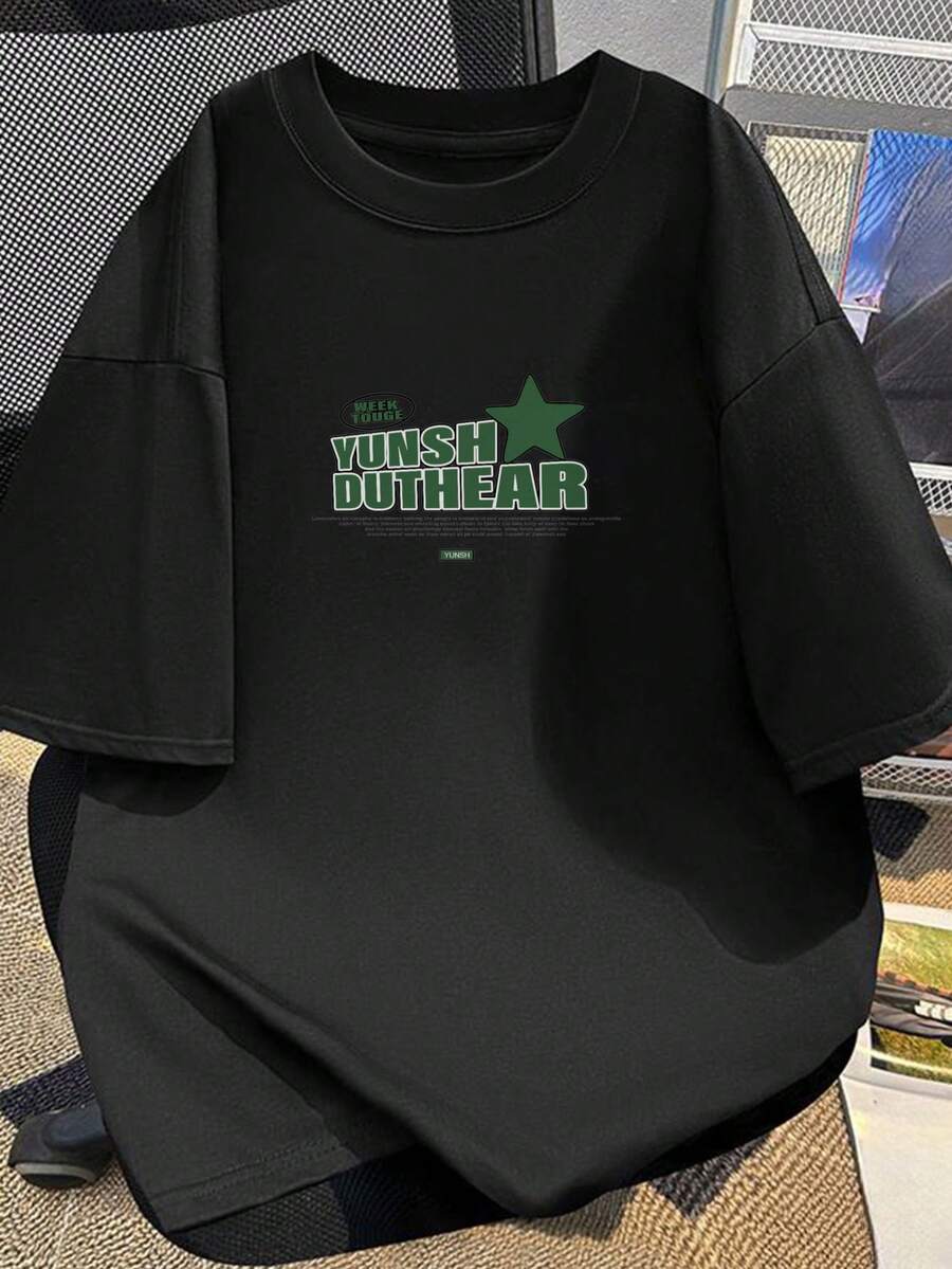 Camiseta de Algodón de Nueva 2025, Patrón de Estrella de Cinco Puntas Verde, Corte Holgado, Unisex, Manga Corta - Negro - Ver 1