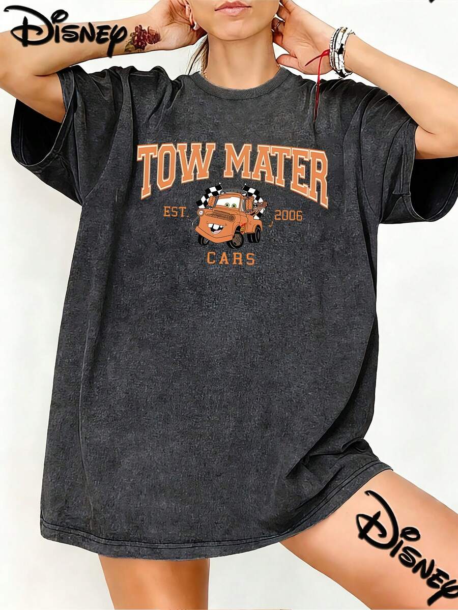 Disney Cars Tow Mater College Style Vintage Washed Black Oversized Cotton T-Shirt, Retro Sporty Loose Fit Tee For Kids & Adults, Perfect For Disney Fans, Daily Wear & Gift - 黑色 - 查看 1