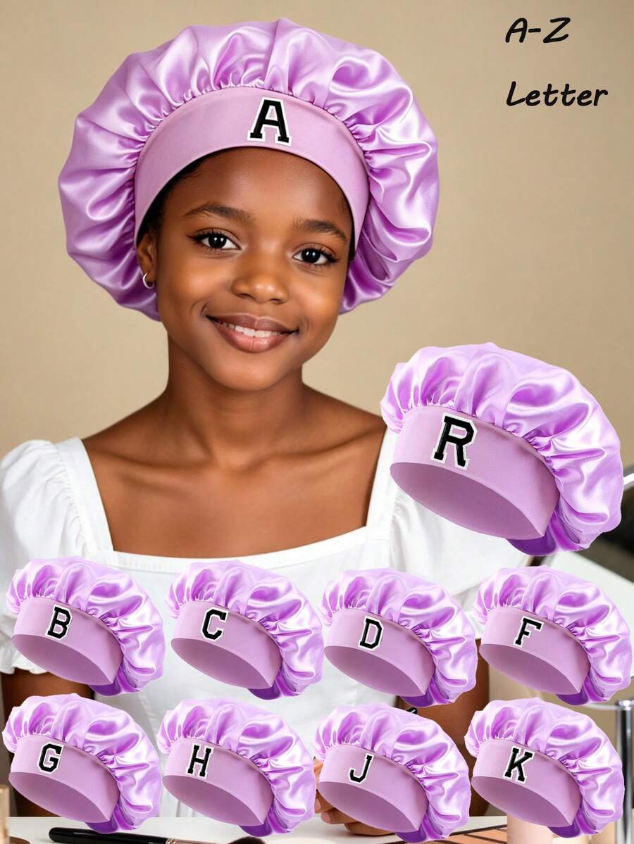 1pc 26 Letters A-Z Children's Sleep Cap, 8-16 Years Old Girls Curling Sleep Hat, Teens Sleep Cap, Satin Sleep Hat - Mauve Purple - View 1