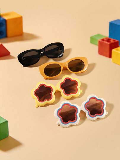1 Set 4 PCS Boy's And Girl's 4-7Y Multi Style Cute Flower Shape Cat Eye Fashion Glasses Lightweight Frame Colors Are Lively And Vibrant Suitable For Summer Holiday Vacation With Glasses Box