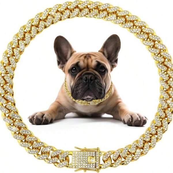1 pieza Cadena de perro con diamantes de oro, collar de cadena de metal con diamantes con hebilla segura, accesorio de joyería para mascotas estilo cubano adecuado para perros y gatos pequeños, medianos y grandes
