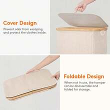 Laundry Basket With Lid, Clothes Hampers For Laundry With Bamboo Handles And 1 Removable Bag, Large Foldable Laundry Hamper For Bedroom, Bathroom, Dorm, Laundry Room - 米色 - 查看 7