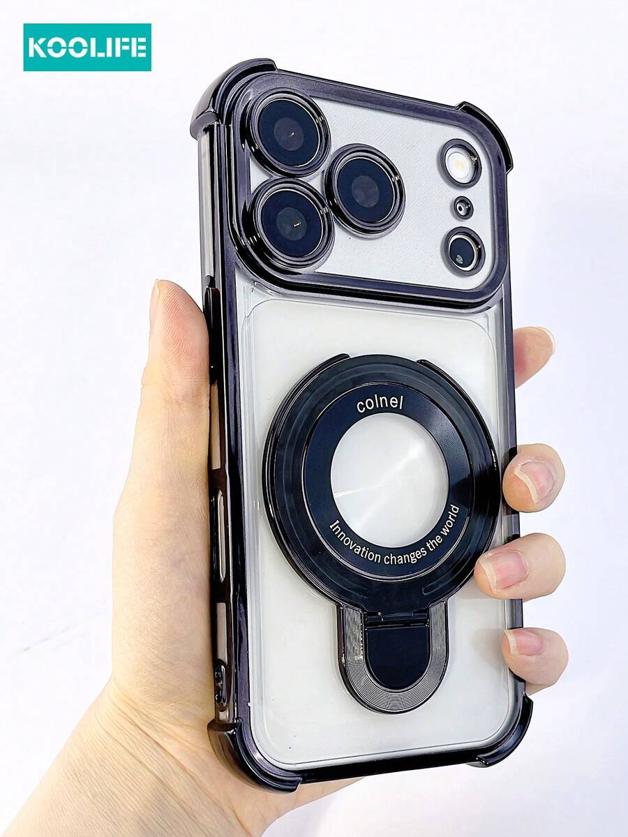 Ốp lưng điện thoại Koolife 1 chiếc bằng TPU mạ điện bóng, tích hợp chân đế, khoét lỗ camera chính xác, bảo vệ toàn thân khỏi va đập, tương thích với Apple 17/17Pro/17ProMax/17Air/16/15/14/13/12/11/7/8/7Plus/8Plus/XR/X/XS/XS MAX - màu đen - Xem 1