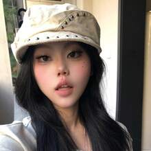 Punk Retro Studded Newsboy Cap For Women, Versatile For Autumn, Makes The Face Look Smaller, Korean-Style Casual Wide-Brimmed Hat - 黑色 - 查看 2